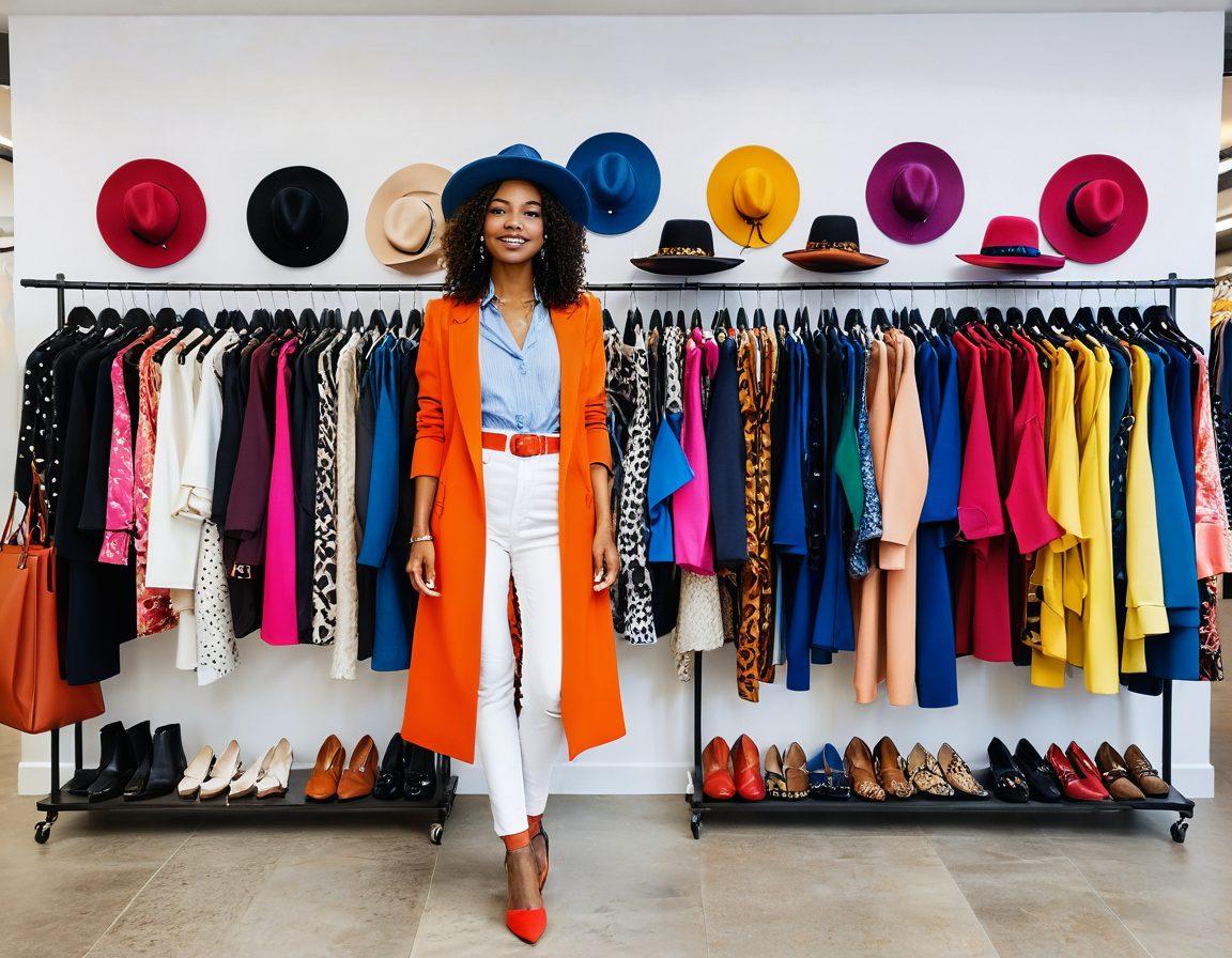 A stylish petite woman confidently showcasing a variety of chic outfits, surrounded by an array of fashion accessories like hats, belts, and shoes. The background displays a fashion-forward boutique filled with eye-catching styles, emphasizing vibrant colors and textures. Include a mood board featuring diverse outfit combinations, inspiring creativity in petite styling. super-realistic. vibrant colors. elegant design.